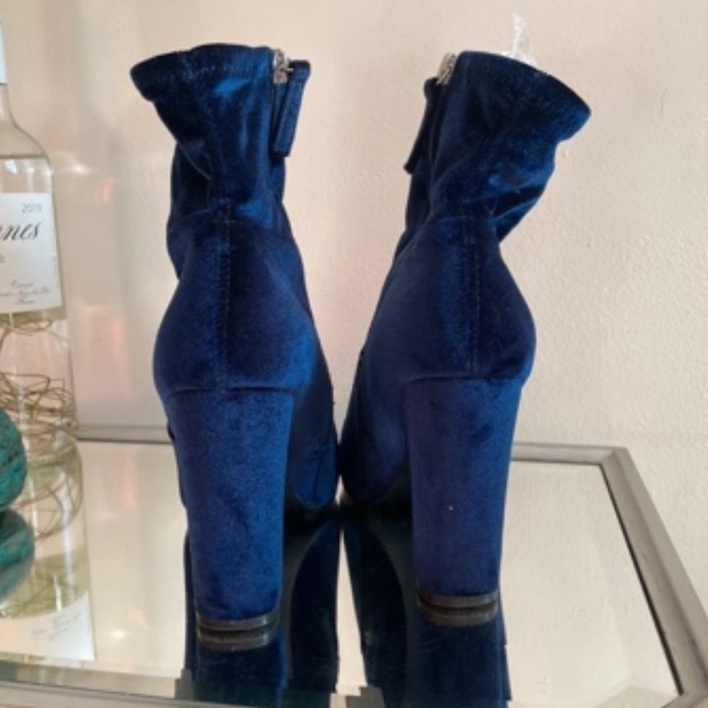 Women's Navy Velvet Ankle Boots - Classic Heeled Bootie - Picture 3 of 3
